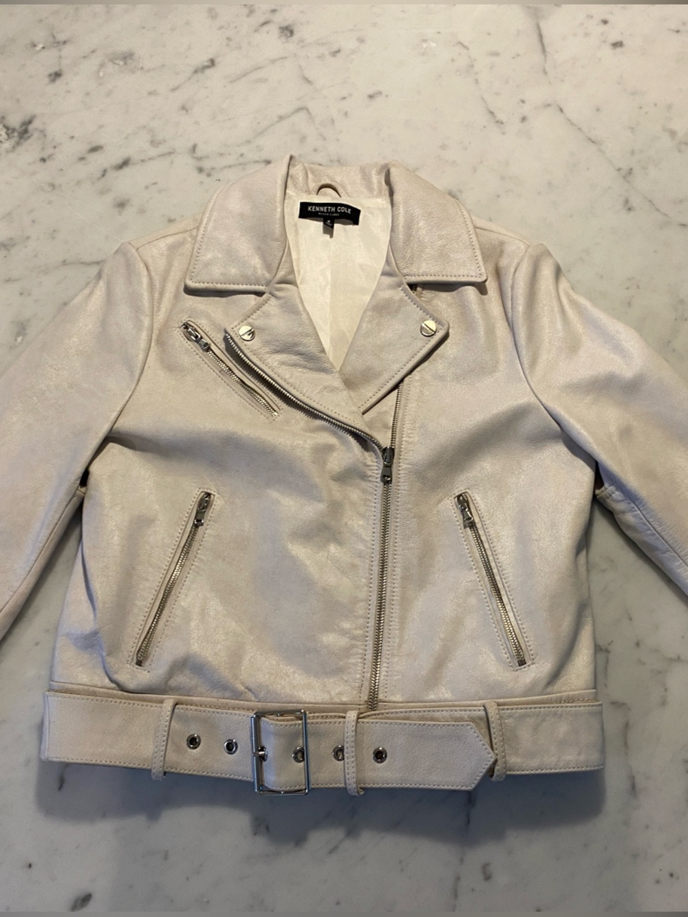 Kenneth Cole Women’s Off-White Genuine Leather Belted Moto Jacket